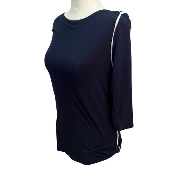 𝅺TAHARI Elements Black Top Blouse White Piping 3/4 Sleeves Size S - Picture 4 of 10